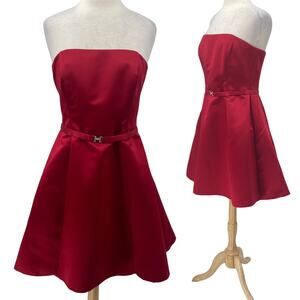 Vintage 90s Strapless Fit & Flare Mini Dress Belted Waist Satin Red Womens 8